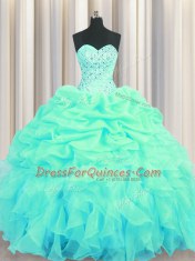 Traditional Pick Ups Ball Gowns 15 Quinceanera Dress Turquoise Sweetheart Organza Sleeveless Floor Length Lace Up