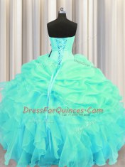 Traditional Pick Ups Ball Gowns 15 Quinceanera Dress Turquoise Sweetheart Organza Sleeveless Floor Length Lace Up