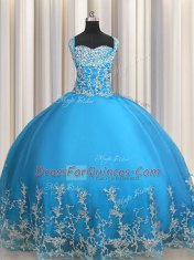 Baby Blue Ball Gowns Sweetheart Sleeveless Organza Floor Length Lace Up Beading and Appliques Quince Ball Gowns