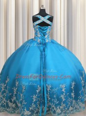 Baby Blue Ball Gowns Sweetheart Sleeveless Organza Floor Length Lace Up Beading and Appliques Quince Ball Gowns