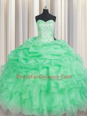 Organza Sweetheart Sleeveless Lace Up Beading and Ruffles Quinceanera Gown in Apple Green