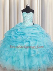 Organza Sweetheart Sleeveless Lace Up Beading and Ruffles Sweet 16 Dress in Baby Blue