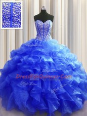 Visible Boning Sleeveless Organza Floor Length Lace Up Sweet 16 Dress in Royal Blue with Beading and Ruffles