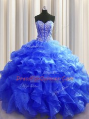 Visible Boning Sleeveless Organza Floor Length Lace Up Sweet 16 Dress in Royal Blue with Beading and Ruffles