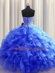 Visible Boning Sleeveless Organza Floor Length Lace Up Sweet 16 Dress in Royal Blue with Beading and Ruffles