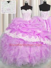Exquisite Lilac Organza Lace Up Sweetheart Sleeveless Floor Length Quinceanera Gowns Beading and Appliques and Ruffles and Pick Ups