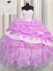 Exquisite Lilac Organza Lace Up Sweetheart Sleeveless Floor Length Quinceanera Gowns Beading and Appliques and Ruffles and Pick Ups