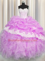 Exquisite Lilac Organza Lace Up Sweetheart Sleeveless Floor Length Quinceanera Gowns Beading and Appliques and Ruffles and Pick Ups