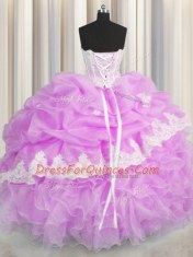 Exquisite Lilac Organza Lace Up Sweetheart Sleeveless Floor Length Quinceanera Gowns Beading and Appliques and Ruffles and Pick Ups