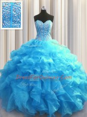 Dramatic Visible Boning Baby Blue Sleeveless Organza Lace Up Quinceanera Gown for Military Ball and Sweet 16 and Quinceanera