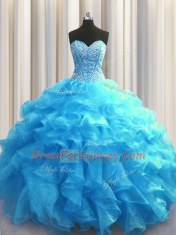 Dramatic Visible Boning Baby Blue Sleeveless Organza Lace Up Quinceanera Gown for Military Ball and Sweet 16 and Quinceanera