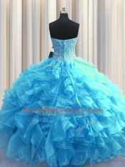 Dramatic Visible Boning Baby Blue Sleeveless Organza Lace Up Quinceanera Gown for Military Ball and Sweet 16 and Quinceanera