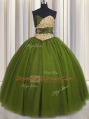 Superior Sweetheart Sleeveless Quinceanera Dress Floor Length Beading and Ruching and Belt Olive Green Tulle