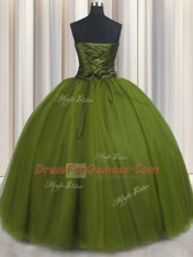 Superior Sweetheart Sleeveless Quinceanera Dress Floor Length Beading and Ruching and Belt Olive Green Tulle
