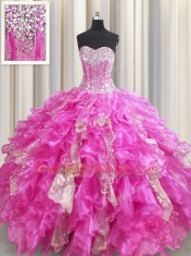 Visible Boning Sleeveless Beading and Ruffles and Sequins Lace Up 15th Birthday Dress