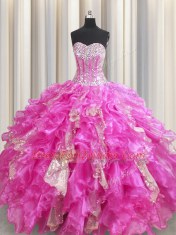 Visible Boning Sleeveless Beading and Ruffles and Sequins Lace Up 15th Birthday Dress