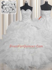 Cheap White Sweetheart Neckline Beading and Ruffles Ball Gown Prom Dress Sleeveless Lace Up
