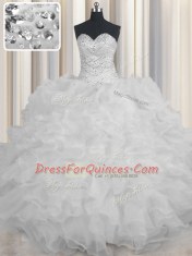 Cheap White Sweetheart Neckline Beading and Ruffles Ball Gown Prom Dress Sleeveless Lace Up