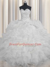 Cheap White Sweetheart Neckline Beading and Ruffles Ball Gown Prom Dress Sleeveless Lace Up