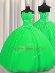 Colorful Handcrafted Flower Ball Gowns Quinceanera Gowns Green Strapless Tulle Sleeveless Floor Length Lace Up
