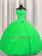 Colorful Handcrafted Flower Ball Gowns Quinceanera Gowns Green Strapless Tulle Sleeveless Floor Length Lace Up