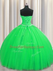 Colorful Handcrafted Flower Ball Gowns Quinceanera Gowns Green Strapless Tulle Sleeveless Floor Length Lace Up