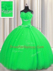 Colorful Handcrafted Flower Ball Gowns Quinceanera Gowns Green Strapless Tulle Sleeveless Floor Length Lace Up