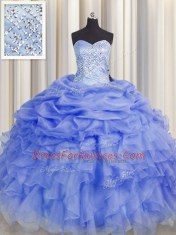 Unique Sweetheart Sleeveless Organza Ball Gown Prom Dress Beading and Ruffles Lace Up
