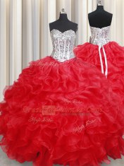 Elegant Sleeveless Floor Length Beading and Ruffles Lace Up 15th Birthday Dress with Red