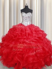Elegant Sleeveless Floor Length Beading and Ruffles Lace Up 15th Birthday Dress with Red