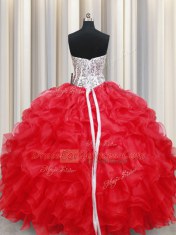 Elegant Sleeveless Floor Length Beading and Ruffles Lace Up 15th Birthday Dress with Red