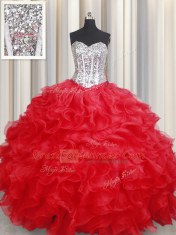 Elegant Sleeveless Floor Length Beading and Ruffles Lace Up 15th Birthday Dress with Red