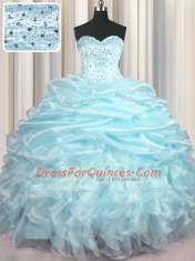 Light Blue Organza Lace Up Sweetheart Sleeveless With Train 15th Birthday Dress Brush Train Beading and Ruffles and Pick Ups