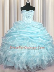 Light Blue Organza Lace Up Sweetheart Sleeveless With Train 15th Birthday Dress Brush Train Beading and Ruffles and Pick Ups