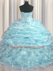 Light Blue Organza Lace Up Sweetheart Sleeveless With Train 15th Birthday Dress Brush Train Beading and Ruffles and Pick Ups