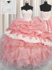 Fantastic Pick Ups Watermelon Red and Baby Pink Sleeveless Organza Lace Up Sweet 16 Dress for Military Ball and Sweet 16 and Quinceanera