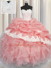 Fantastic Pick Ups Watermelon Red and Baby Pink Sleeveless Organza Lace Up Sweet 16 Dress for Military Ball and Sweet 16 and Quinceanera