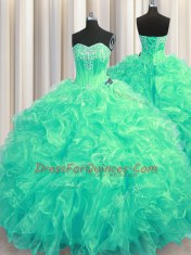 Fantastic Ball Gowns Sleeveless Turquoise Ball Gown Prom Dress Brush Train Lace Up