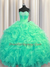 Fantastic Ball Gowns Sleeveless Turquoise Ball Gown Prom Dress Brush Train Lace Up