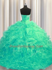 Fantastic Ball Gowns Sleeveless Turquoise Ball Gown Prom Dress Brush Train Lace Up