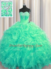 Fantastic Ball Gowns Sleeveless Turquoise Ball Gown Prom Dress Brush Train Lace Up