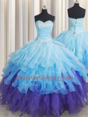 Multi-color Sleeveless Beading and Ruffles and Ruffled Layers and Sequins Floor Length Sweet 16 Dress