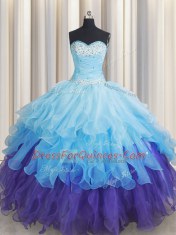 Multi-color Sleeveless Beading and Ruffles and Ruffled Layers and Sequins Floor Length Sweet 16 Dress