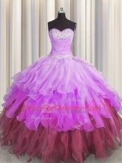 Sleeveless Organza Floor Length Lace Up Sweet 16 Quinceanera Dress in Multi-color with Beading and Ruffles and Ruffled Layers and Pick Ups