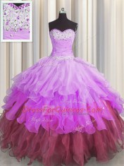 Sleeveless Organza Floor Length Lace Up Sweet 16 Quinceanera Dress in Multi-color with Beading and Ruffles and Ruffled Layers and Pick Ups