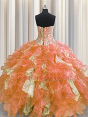 Unique Visible Boning Organza and Sequined Sweetheart Sleeveless Lace Up Beading and Ruffles and Sequins Sweet 16 Dresses in Multi-color