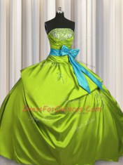 New Style Olive Green Strapless Neckline Beading and Ruching and Bowknot 15 Quinceanera Dress Sleeveless Lace Up