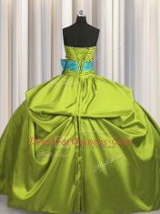 New Style Olive Green Strapless Neckline Beading and Ruching and Bowknot 15 Quinceanera Dress Sleeveless Lace Up