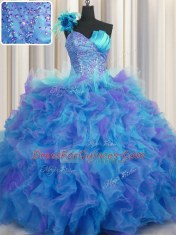 Sexy One Shoulder Handcrafted Flower Multi-color Ball Gowns Beading and Ruffles and Hand Made Flower Vestidos de Quinceanera Lace Up Tulle Sleeveless Floor Length