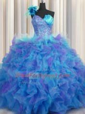 Sexy One Shoulder Handcrafted Flower Multi-color Ball Gowns Beading and Ruffles and Hand Made Flower Vestidos de Quinceanera Lace Up Tulle Sleeveless Floor Length
